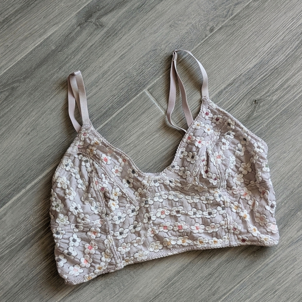 Free People Beige Floral Lace Bralette with Pastel Embroidery